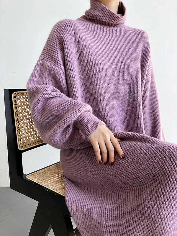 Urban Loose Puff Sleeves Solid Color High-Neck Sweater Dresses