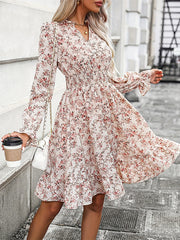 Elasticity Flower Print A-Line Long Sleeves V-Neck Midi Dresses