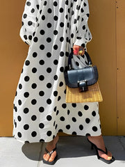 Elasticity Polka-Dot Split-Joint A-line Long Sleeves Off-the-shoulder Maxi Dresses