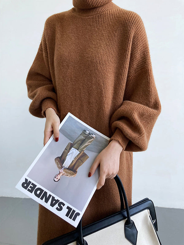 Urban Loose Puff Sleeves Solid Color High-Neck Sweater Dresses