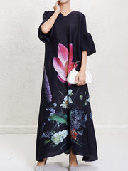 Flower Print Pleated A-Line Flared Sleeves V-Neck Maxi Dresses