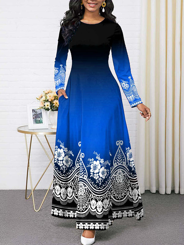 Contrast Color Floral Printed Long Sleeves Round-neck Maxi Dresses
