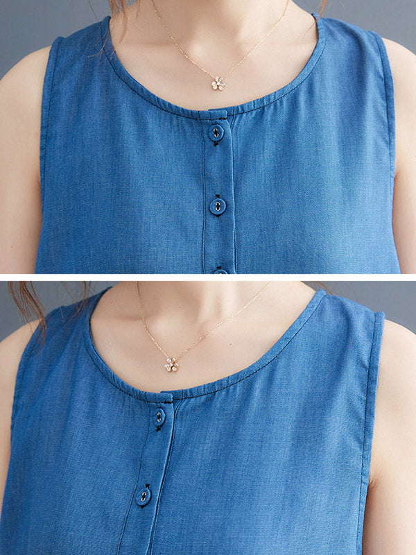 Simple Denim Blue Round-Neck Buttoned Sleeveless Midi Dress