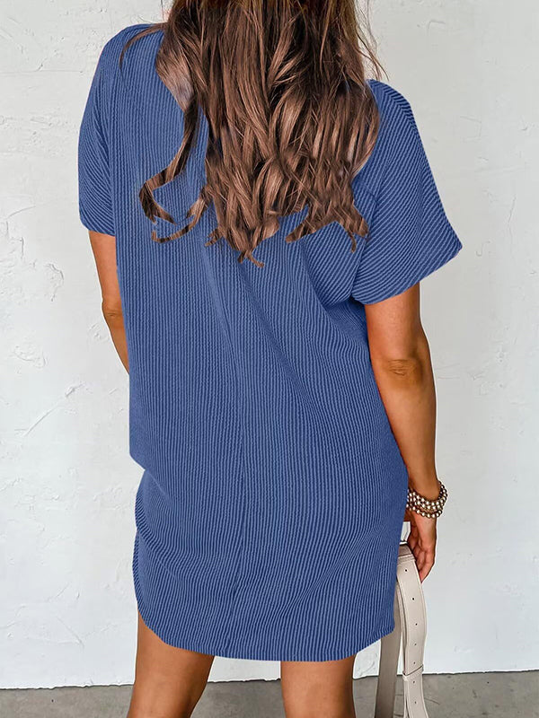 Contrast Color Pockets Split-Joint Striped A-Line Loose Round-Neck Mini Dresses