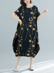 Printed Loose Short Sleeves Round-neck Midi Dresses