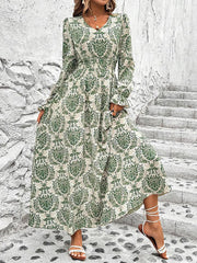 Elasticity Printed Split-Joint Loose Puff Sleeves V-Neck Maxi Dresses