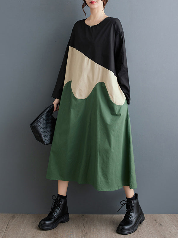 Asymmetric Contrast Color Split-Joint A-Line Long Sleeves Round-Neck Midi Dresses
