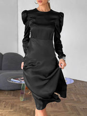 Pleated Solid Color Zipper A-Line Long Sleeves Round-Neck Midi Dresses