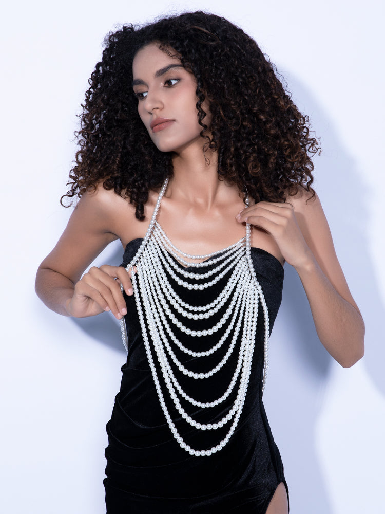 Adjustable Halter Pearl Sweater Body Chain