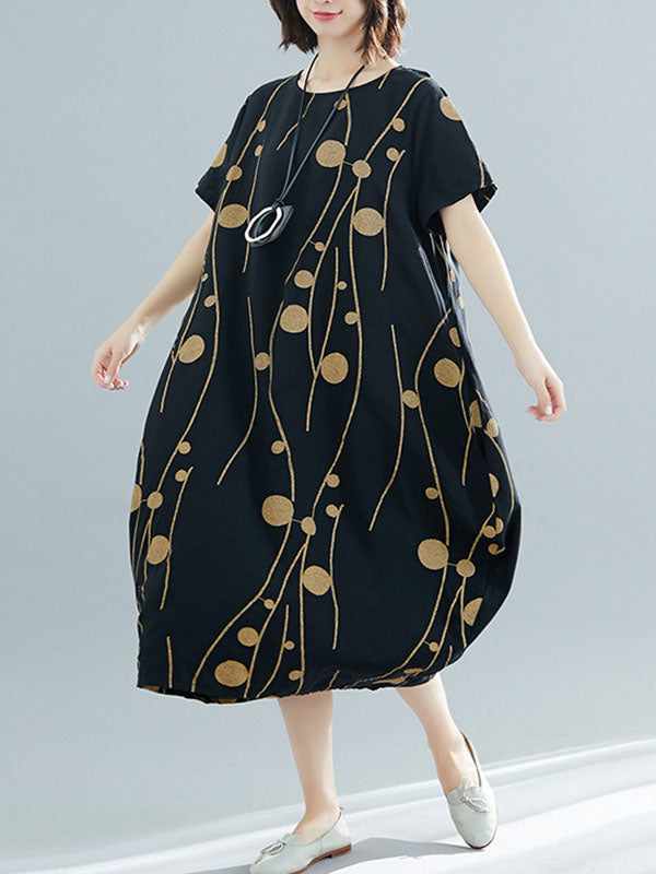 Printed Loose Short Sleeves Round-neck Midi Dresses