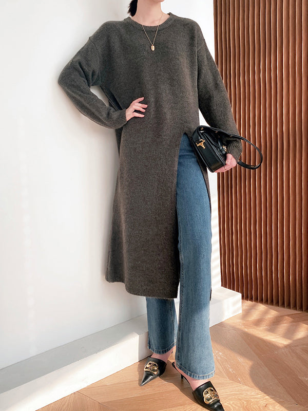 Loose Split-Side Solid Color Round-Neck Knitting Sweater Dresses