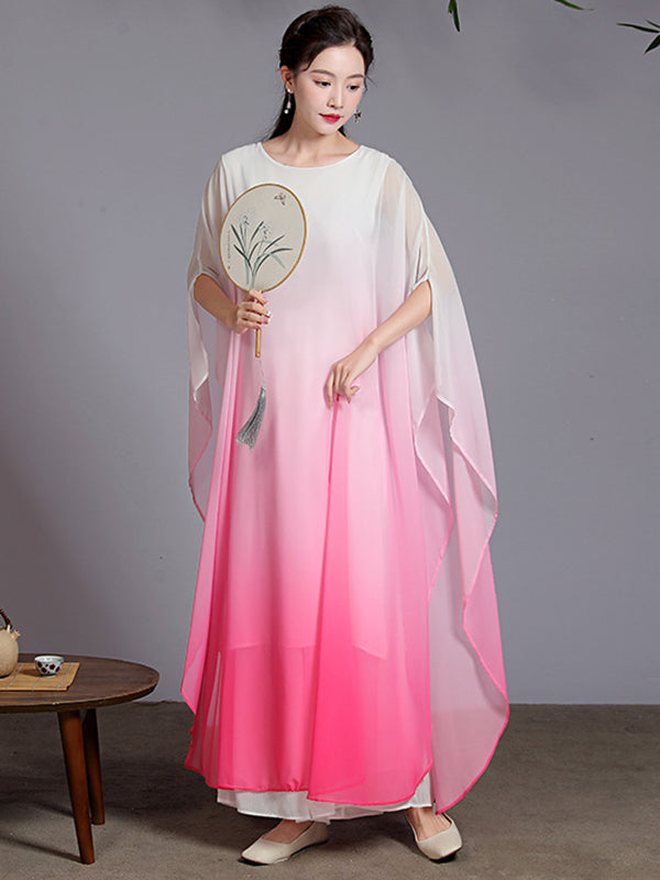 Artistic Retro Half Sleeves Loose Gradient Round-Neck Maxi Dresses