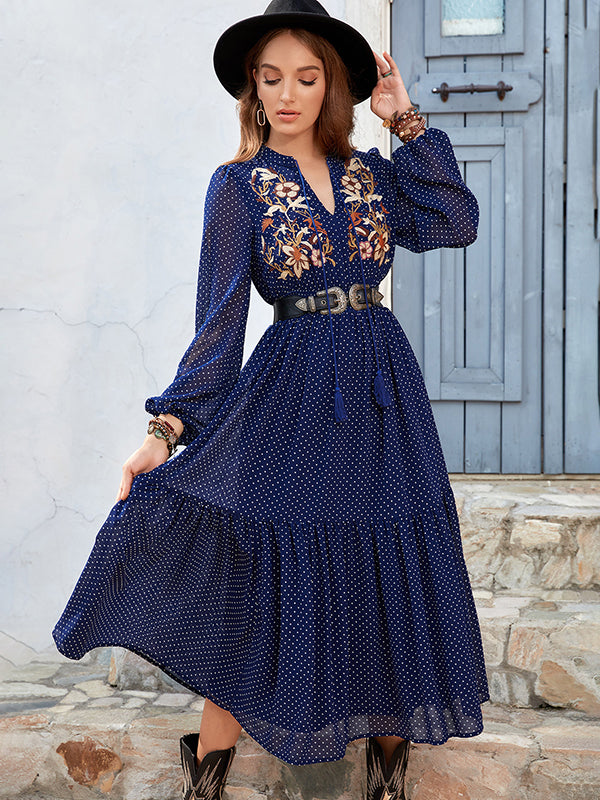 Bohemia Long Sleeves Polka-Dot Embroidered V-Neck Midi Dresses