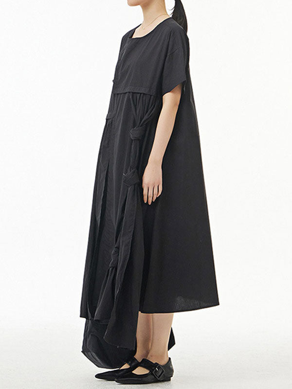 Solid Color Streamer Loose Short Sleeves Round-neck Midi Dresses