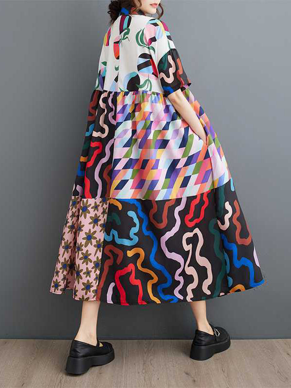 Buttoned Printed Split-Joint A-line Loose Lapel Shirt Dress Midi Dresses