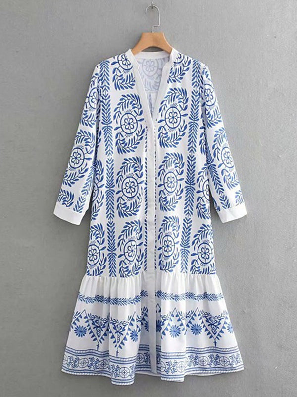 Leaves Print Printed Long Sleeves Loose Stand Collar Midi Dresses
