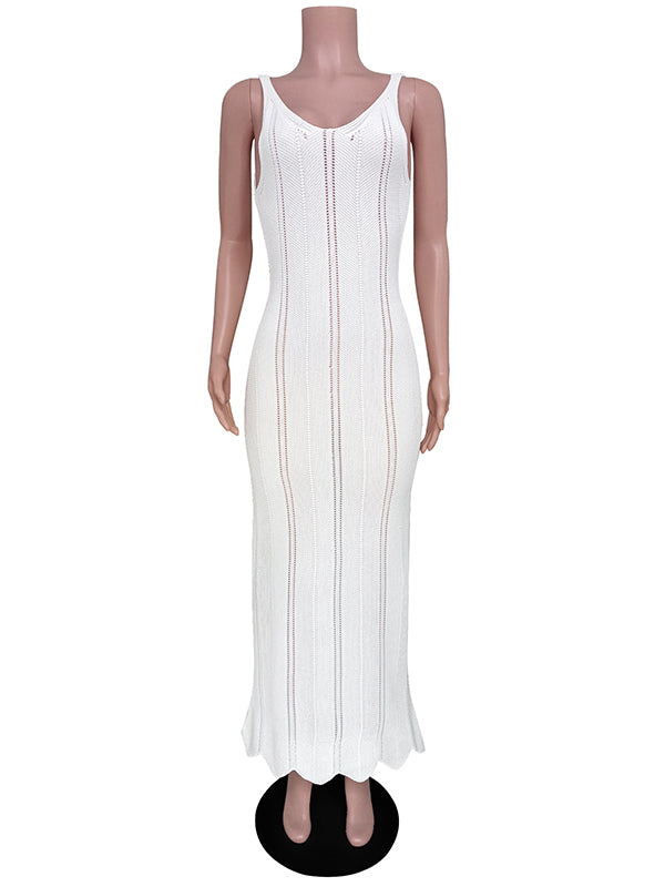 Backless Hollow See-Through Solid Color Split-Joint Skinny Sleeveless Wide Straps Maxi Dresses