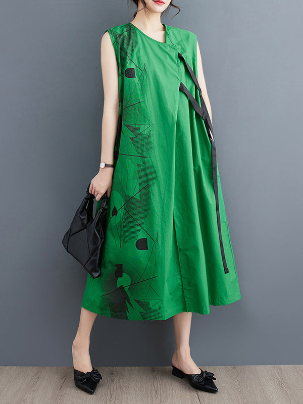 Printed Loose Sleeveless Round-neck Midi Dresses
