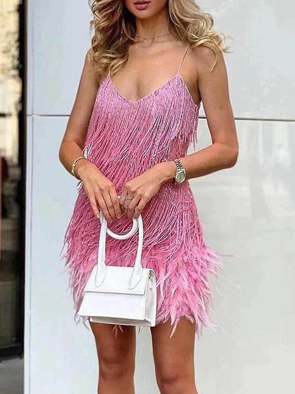 Crystal Chain Fringe Mesh Mini Dress In Silver