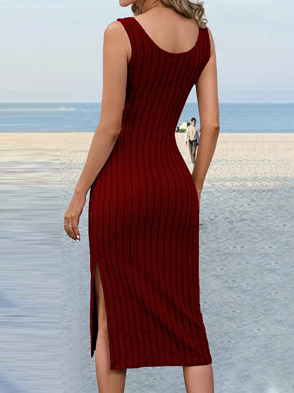 Solid Color Split-Side Striped Skinny Sleeveless U-Neck Midi Dresses