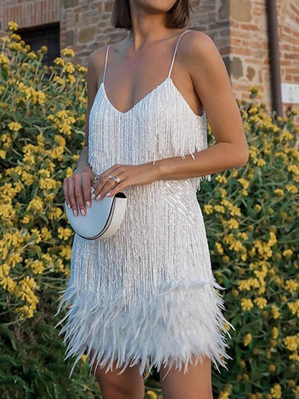 Crystal Chain Fringe Mesh Mini Dress In Silver