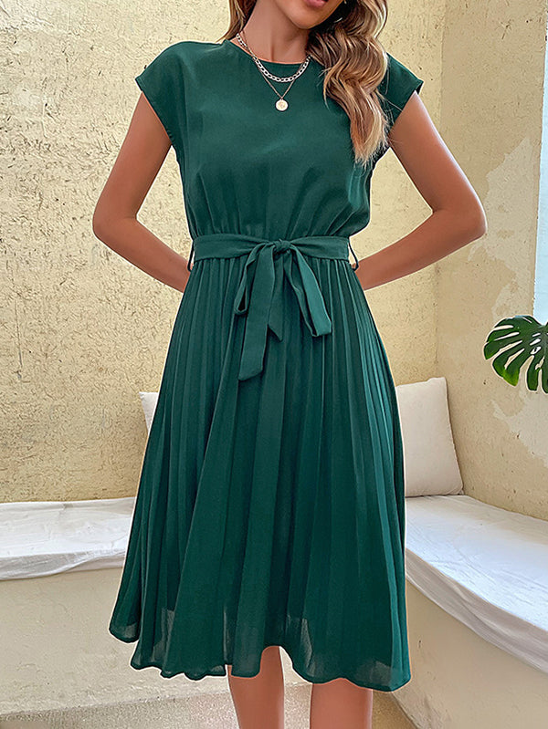 Pleated Solid Color Tied Waist A-Line Loose Round-Neck Midi Dresses