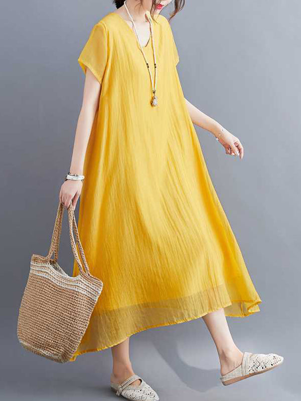 Solid Color A-Line Loose V-Neck Midi Dresses