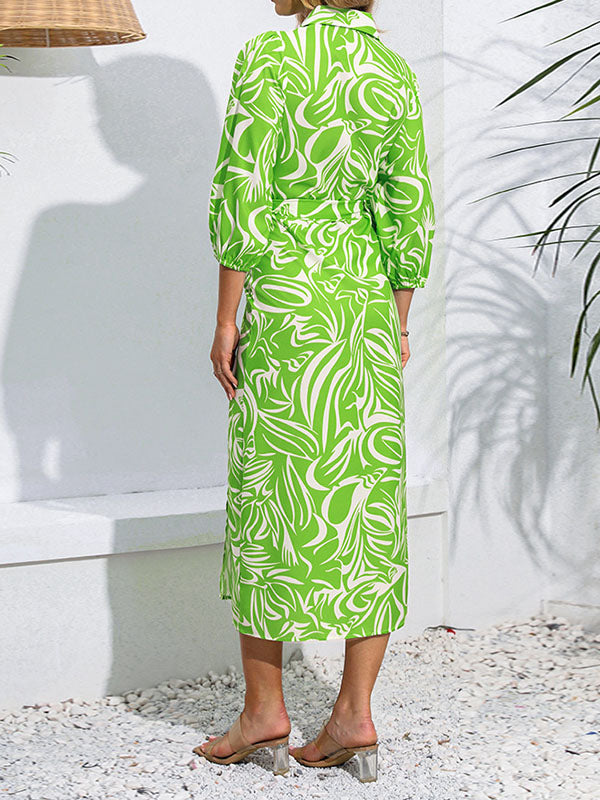 Elasticity Printed Tied Waist A-Line High Waisted Lapel Shirt Dress Midi Dresses