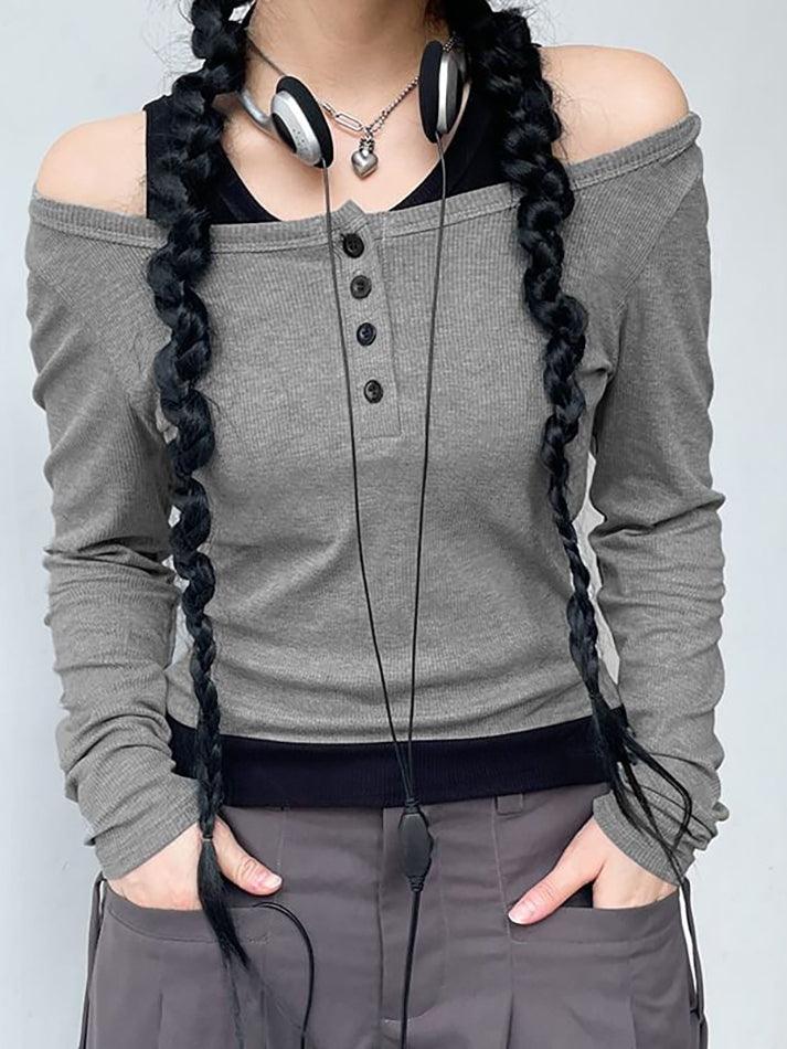 Long Sleeve Mock Two Piece Color-Block Crop Top