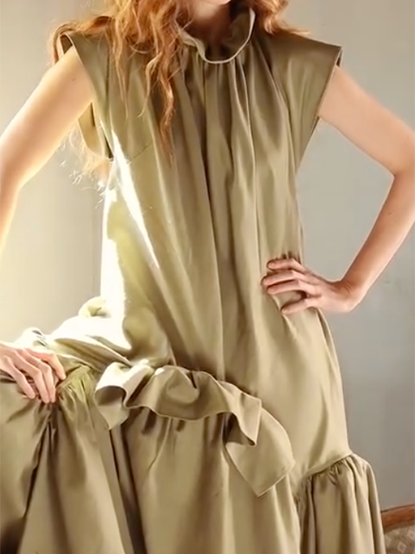 Falbala Solid Color Split-Joint Cap Sleeve Loose Round-Neck Maxi Dresses