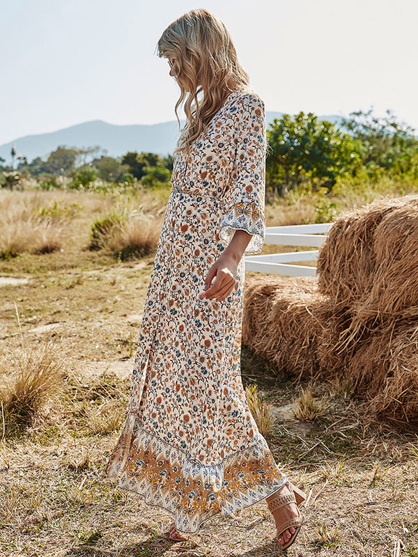 Vacation Flared Sleeves Buckle V-Neck Maxi Dress