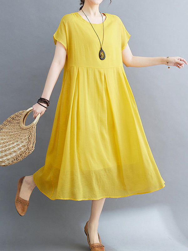 Solid Color Split-Joint Loose Short Sleeves Round-neck Midi Dresses
