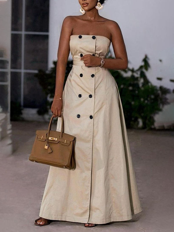 Belted Buttoned A-Line Loose Tube Maxi Dresses