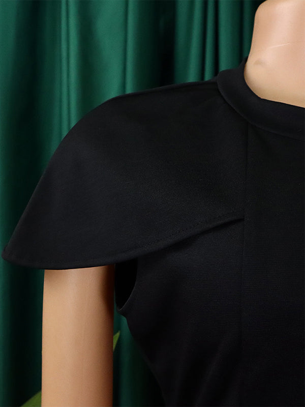 Pleated Solid Color Split-back Split-front Split-Joint Short Sleeves Skinny Round-neck Midi Dresses
