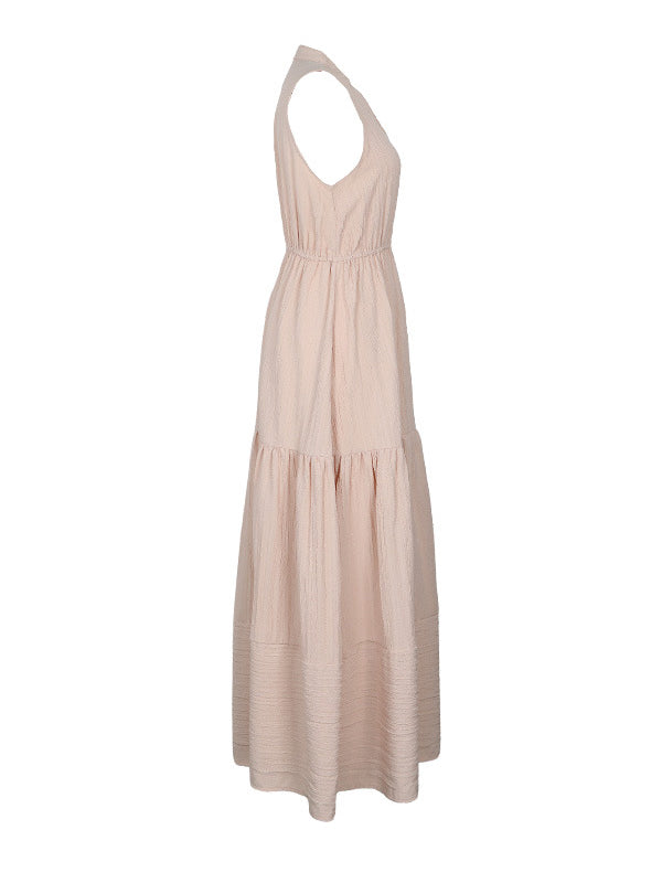 Buttoned Elasticity Pleated Split-Joint A-line High Waisted V-neck Midi Dresses