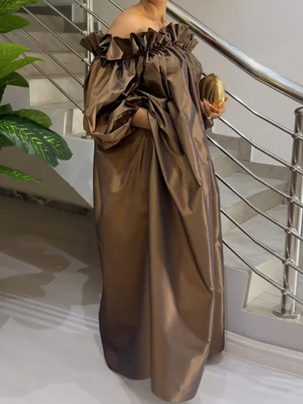 Falbala Pleated Solid Color Loose Puff Sleeves Off-the-shoulder Maxi Dresses