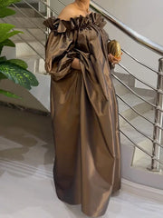 Falbala Pleated Solid Color Loose Puff Sleeves Off-the-shoulder Maxi Dresses