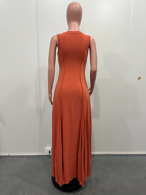 Solid Color Split-Joint Plus Size Sleeveless U-neck Maxi Dresses