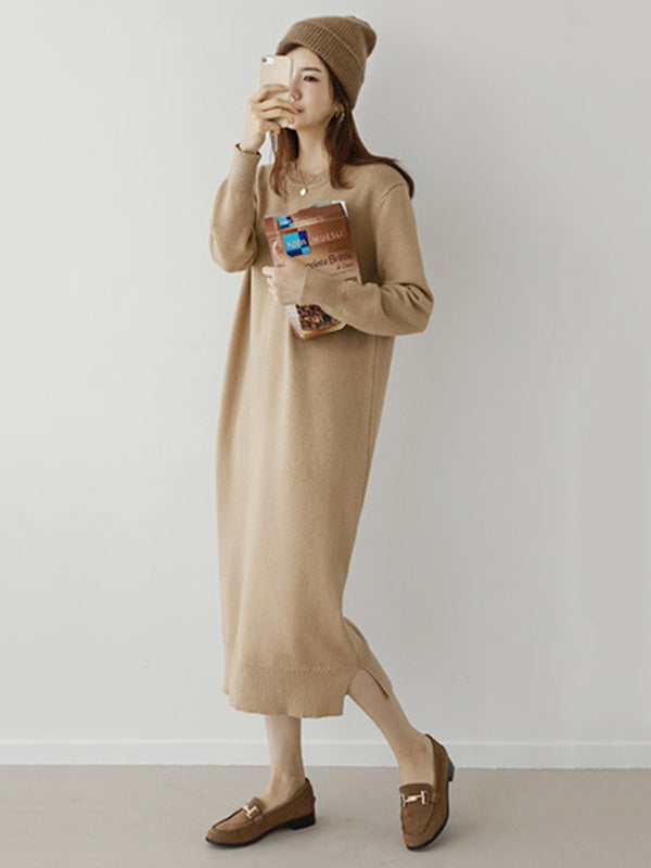 Urban Long Sleeves Loose Split-Side Solid Color Round-Neck Sweater Dresses