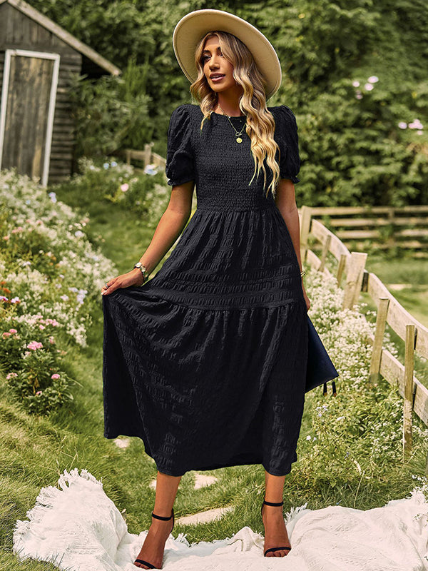 Bohemia Loose High Waisted Solid Color Round-Neck Maxi Dresses