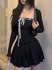 Long-Sleeve Square Neck Mini Pleated Dress