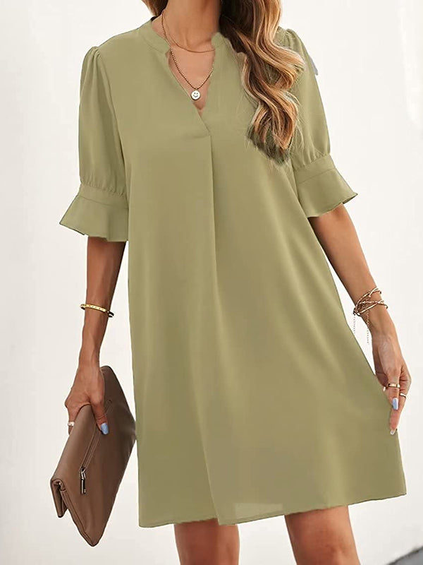 Pleated Ruffled Solid Color Split-Joint A-Line Flared Sleeves V-Neck Mini Dresses