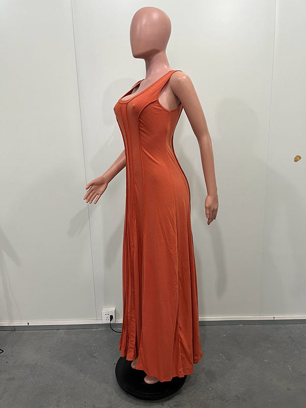 Solid Color Split-Joint Plus Size Sleeveless U-neck Maxi Dresses