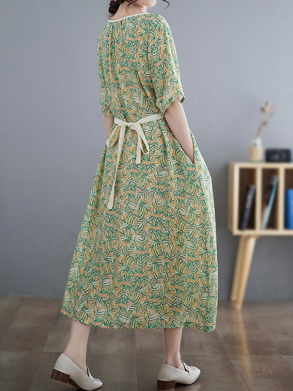 Hollow Pleated Printed Split-Joint Loose Short Sleeves Round-Neck Midi Dresses