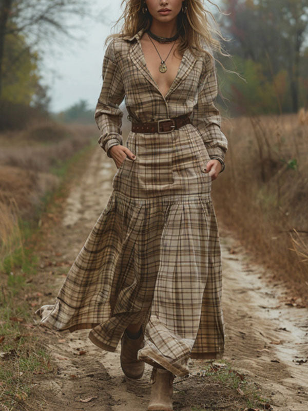 Plaid Long Sleeves Mermaid Shirt Maxi Dresses