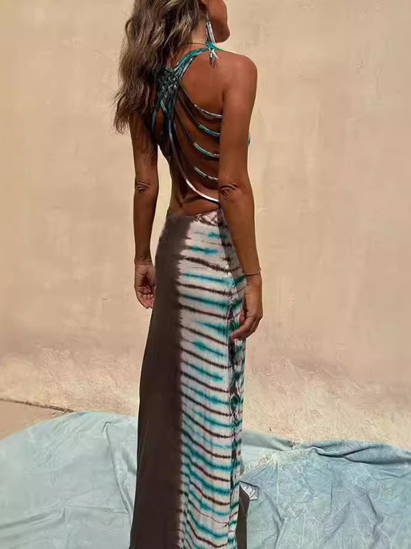 Tie-Dye Printed Sleeveless U-Neck Bohemia Maxi Dresses