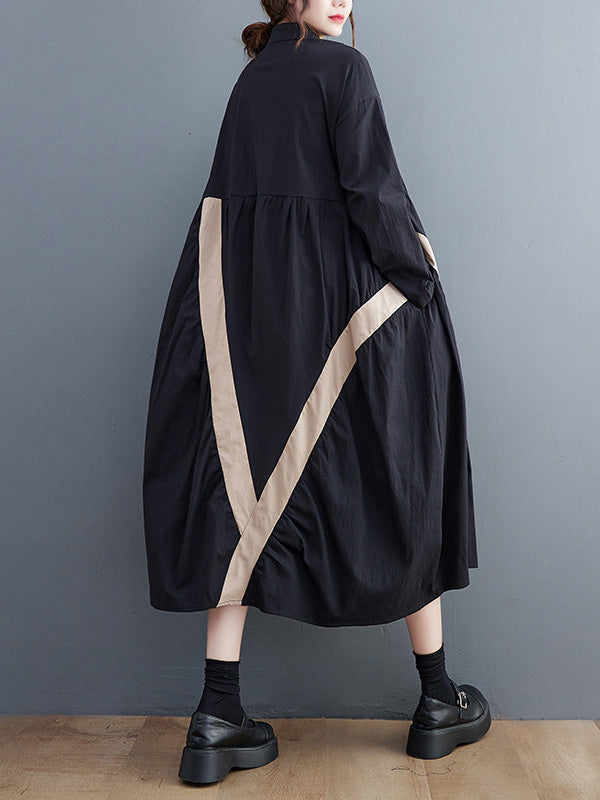 Artistic Retro Loose Long Sleeves Buttoned Contrast Color Striped Split-Joint Lapel Collar Midi Dresses