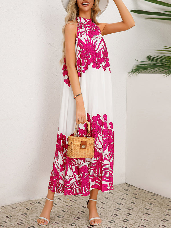 Hollow Pleated Printed Tied A-Line Loose Mock Neck Midi Dresses