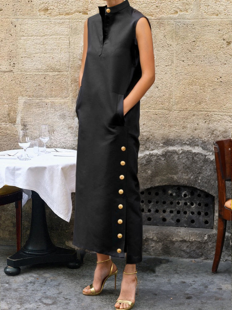 Buttoned Solid Color Split-side Sleeveless Stand Collar Shirt Dress Maxi Dresses