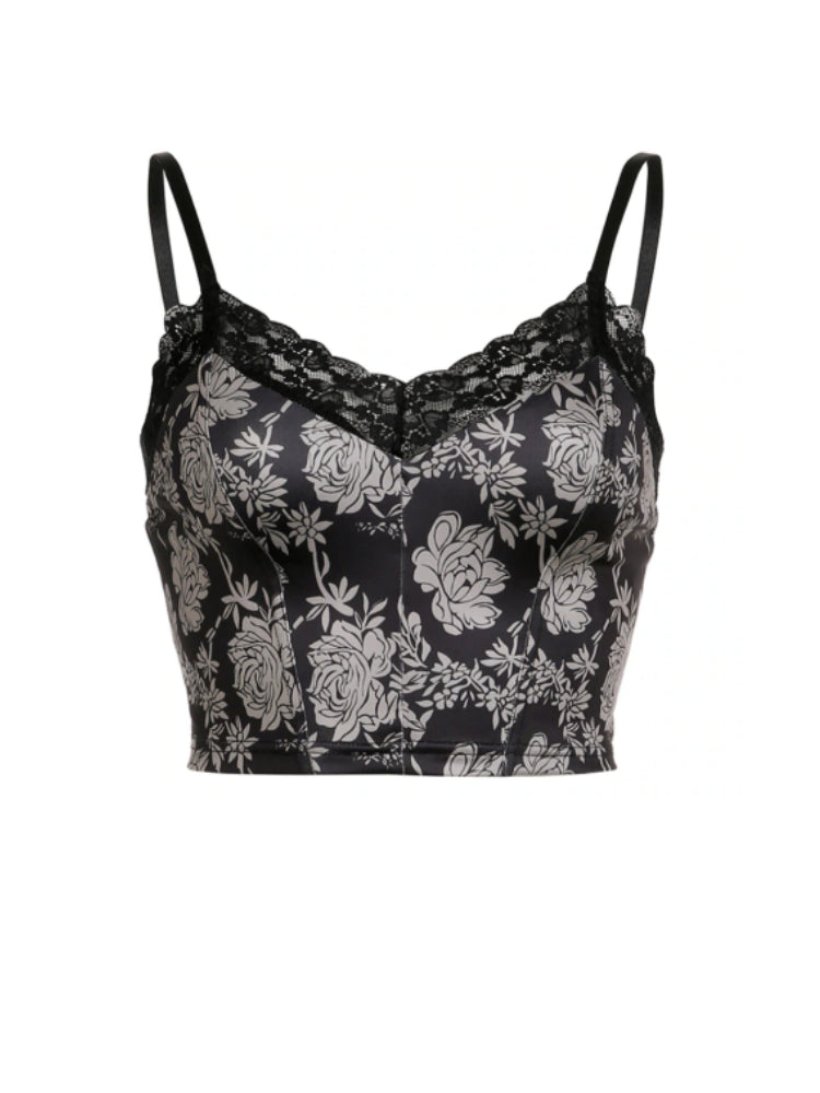 Gothic Black Flowers Printed  Lace Trim Top